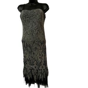 Vtg 90s Y2K Silk Slip Dress Christyne Forti Gray Black Gold Beaded Tulle 4 S